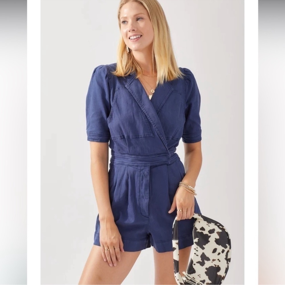 Hausen Puff Sleeve Collard Denim Maroon Romper